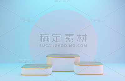 白色和金色的讲台，产品展示在白色的墙壁上，灯光背景豪华风格。，3d模型和插图。