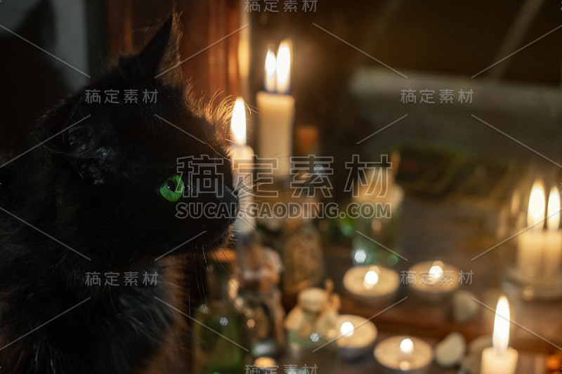 魔法属性。黑猫和燃着的蜡烛靠近旧镜子