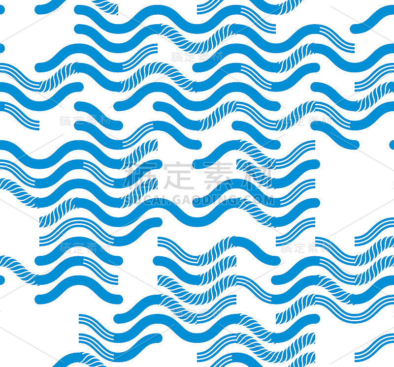 波浪技术线条无缝图案，矢量抽象重复无尽的背景，蓝色有节奏的波浪。