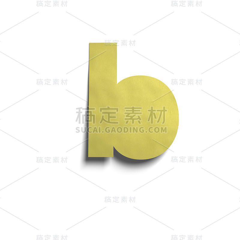 3D现实黄色纸注意到小写字母b与柔和的阴影孤立在白色背景