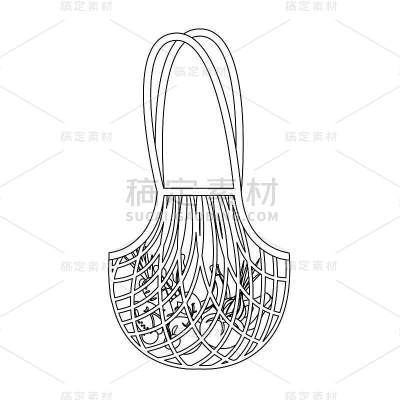 网眼或网袋与水果和蔬菜黑色大纲插图。