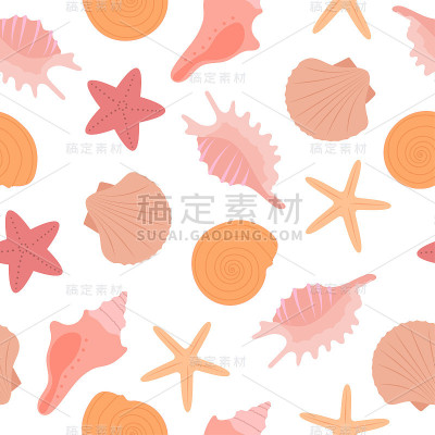 白色背景上的彩色海贝和海星。无缝模式。创新海洋结构。