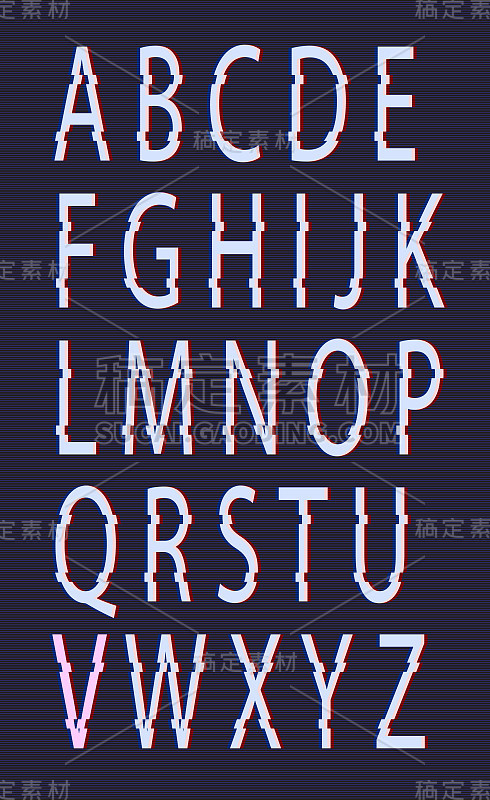 Glitch字体、老式电视屏幕失真效果英文矢量字体、字体、字母。