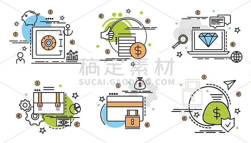 一套金融和金钱的轮廓图标。