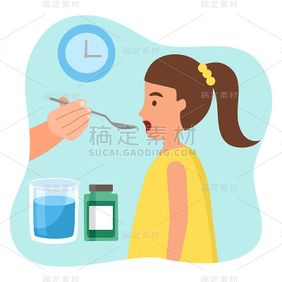 母亲正在给她的孩子喂糖浆药。生病的女孩服用糖浆治病。