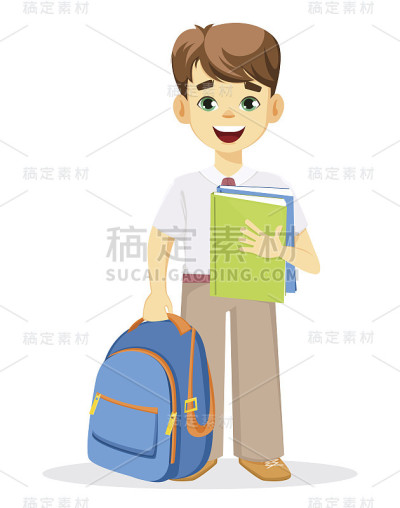 背着书包和课本的男生。