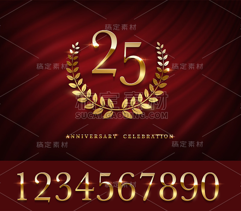 周年标志与黄金数字模板。25岁生日，周年或婚礼与月桂符号矢量插图。邀请来庆祝。红色织物背景上闪亮的数