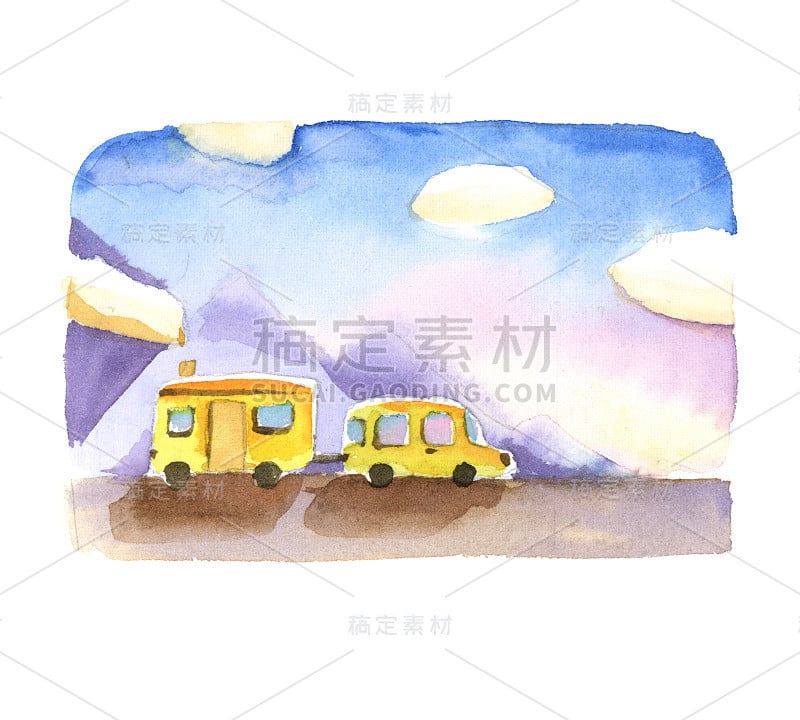 广场水彩插图。风景有山，道路，黄色的汽车和轮子上的房子