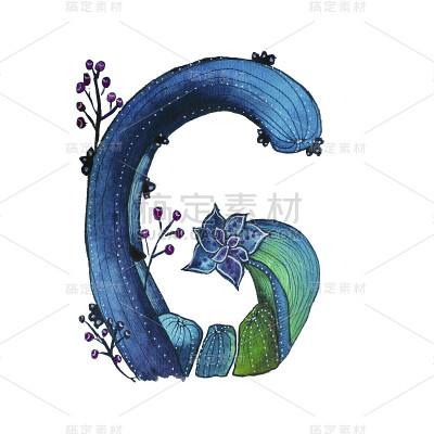 以蓝色的仙人掌字母为形式，绿色生态英文字母插图在白色的背景上