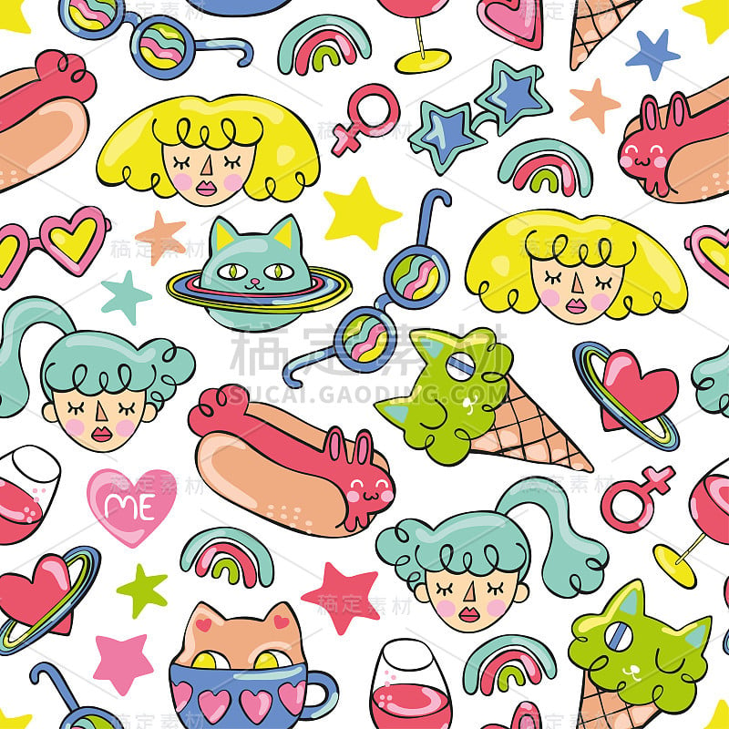 Girls, cat, hotdog, ice cream, stars. Doodle Seaml