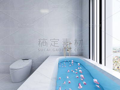 3D渲染，干净整洁的浴室，浴缸，水槽，淋浴等，非常干净整洁