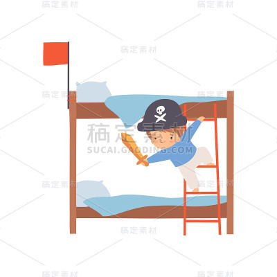 创造性的海盗男孩角色扮演船制成的双层床卡通矢量插图