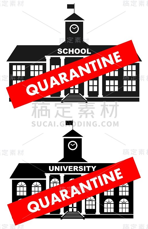 病毒的概念。隔离标志上的背景是古典的学校建筑，大学、学院隔离在白色的背景上。横幅、背景、图标。矢量插