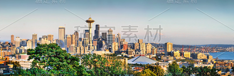 西雅图天际线全景日落从克里公园，西雅图，WA