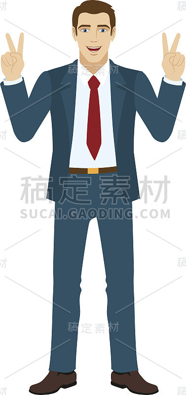 胜利!微笑的商人显示胜利的迹象