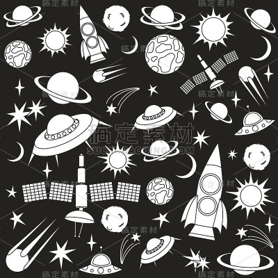 矢量模式的空间飞行的物体，恒星和行星在一个黑色的背景