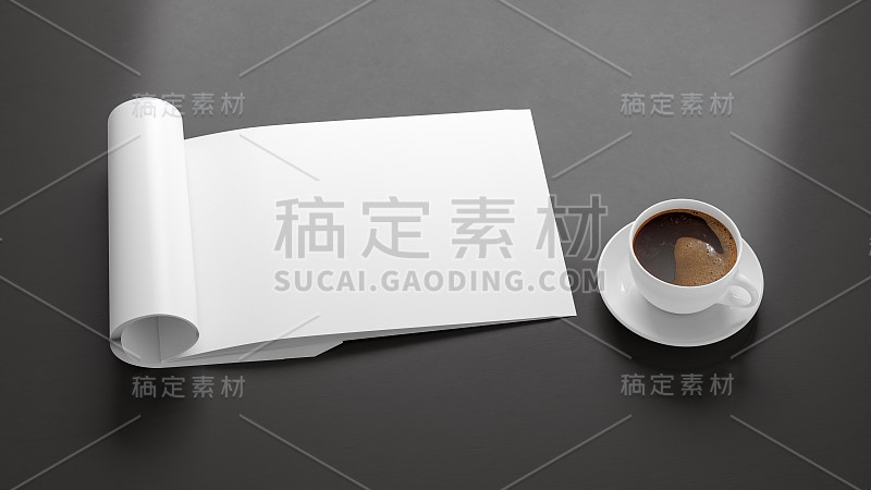空白的杂志页面。工作空间的折叠杂志模型在桌子上。