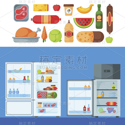 冰箱，有机食品，厨房用具，家用器具，冰箱，电器，冰柜，矢量插图