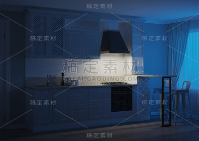 私人住宅厨房的内部。浅绿色经典厨房风格。的夜晚。晚上照明。3 d渲染。