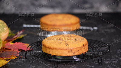 新鲜烘焙的饼干蛋糕与巧克力片的特写在桌子上。