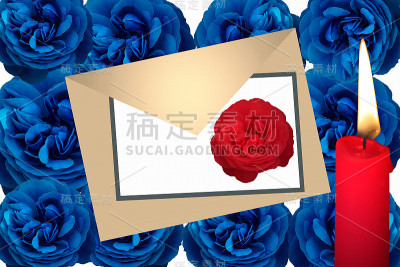 讣告卡片的背景是深蓝色的玫瑰文字空间燃烧的蜡烛