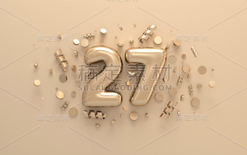 金色3d数字27节日彩纸和螺旋丝带。庆祝27周年活动派对的海报模板。三维渲染