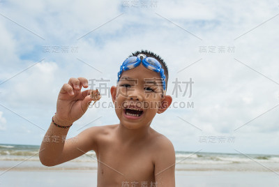 顽皮的男孩和寄居蟹在海滩上