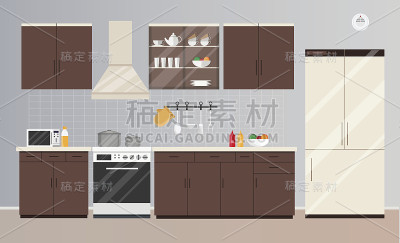 厨房内部平面风格矢量现代插图设置