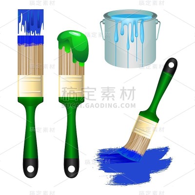 厚实的画笔和装满颜料的桶
