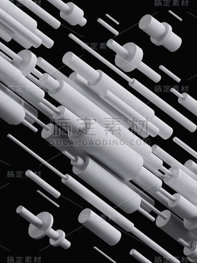 3d渲染，现代抽象几何背景，极简的原始形状，白色圆柱体孤立在黑色