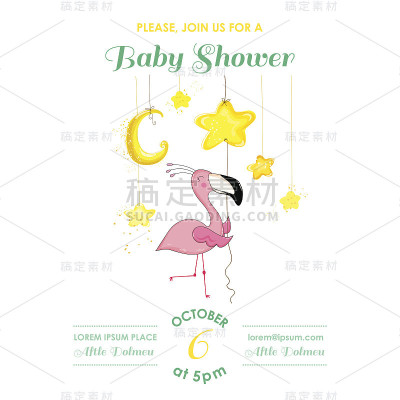 婴儿送礼会或到达卡婴儿火烈鸟女孩在星