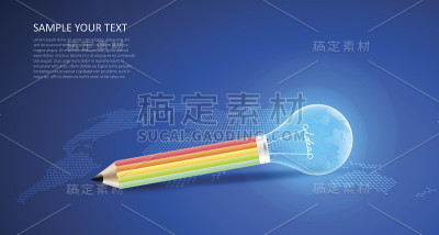 蓝色背景与抽象铅笔灯泡。