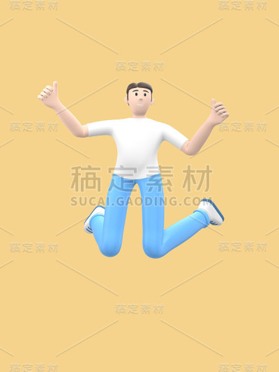 一个欢快的年轻人跳舞、跳跃、飘浮和飞翔。以黄色为背景，穿着休闲服装的正面人物。有趣、抽象的卡通人物。