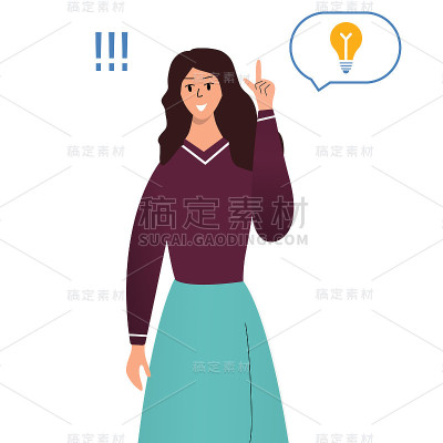 快乐的女人有了一个好主意，她找到了正确的决定。卡通人物设计，平面矢量插图