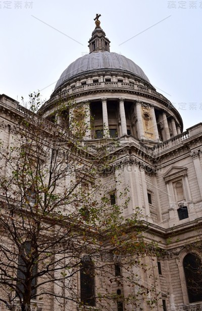 圣保罗大教堂。有圆屋顶和树的侧视图。伦敦,英国。