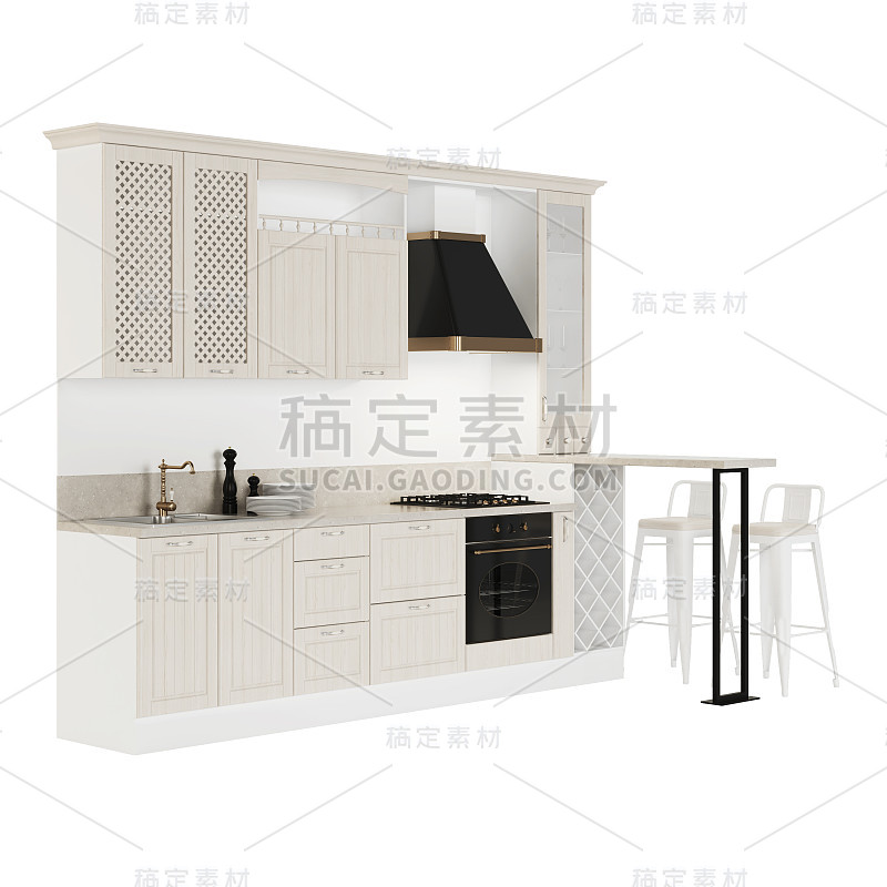 厨房。白色背景上的家具和厨房设备。包括剪切路径。3 d渲染。