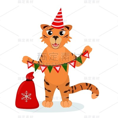 圣诞矢量插图的老虎与一个花环在他的手中，孤立在一个白色的背景