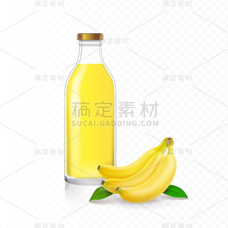 香蕉汁饮料在玻璃瓶与现实的香蕉水果