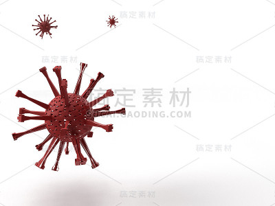 红色冠状病毒模型的3d渲染，白色背景，留出文字空间。