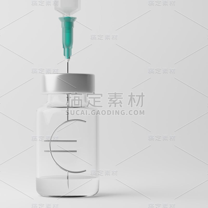 3D渲染Covid-19疫苗注射器，瓶中印有货币符号欧元，复兴经济疫苗接种运动群体免疫预防大流行概念