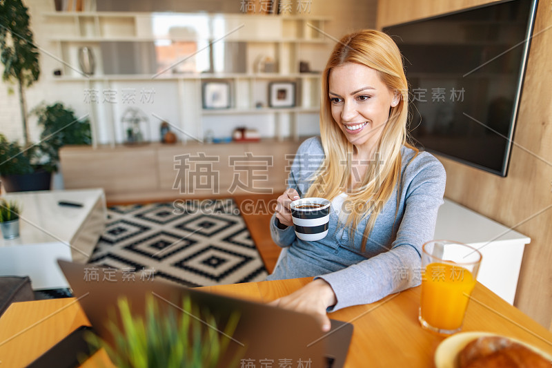 微笑的女人在家里用笔记本电脑工作