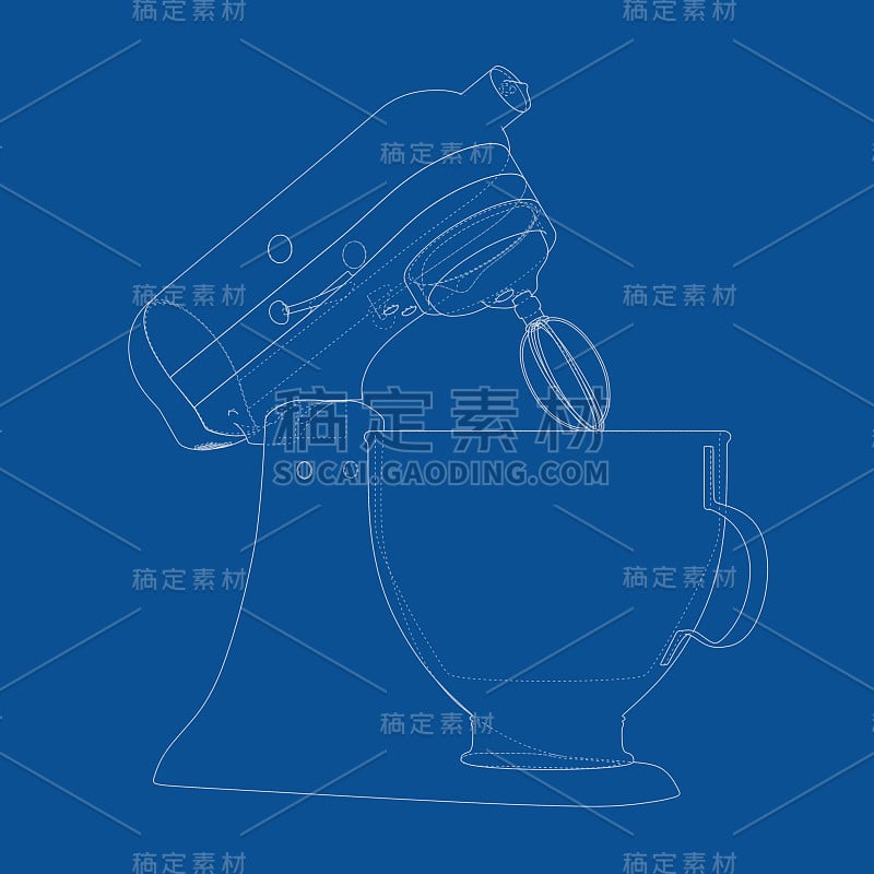 线框式厨房架食品搅拌器蓝图技术说明。3d渲染