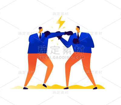 商人互相拳击的插图。在商业竞争。向量。比喻。人们互相攻击。人与人之间的冲突、争吵和争夺。雄性领袖之间