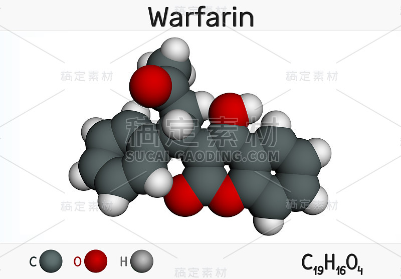 华法林,C19H16O4分子。华法林是一种抗凝药物，通常用于防止血凝块的形成。分子模型