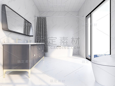 3D效果图，洁净的现代住宅浴室和卫生间设计，配备盥洗台、马桶、浴缸、梳妆台、淋浴设备和绿色植物。