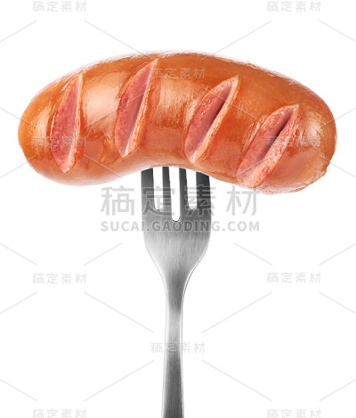 叉子上的炸香肠孤立在白色背景上。