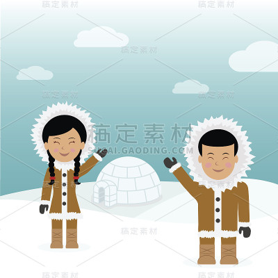 冰屋附近爱斯基摩人友好的问候。
