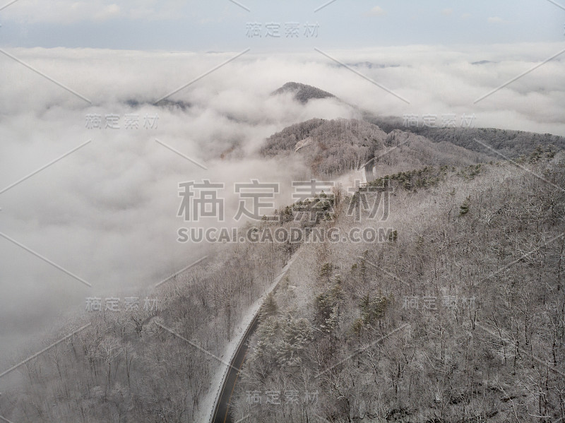 鸟瞰图蜿蜒的北卡罗莱纳州山路在雪