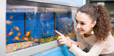 女顾客在水族缸里看鱼