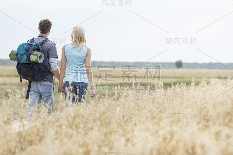 后视图的年轻的徒步旅行夫妇走过田野